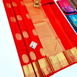 Pure Kanjivaram Fancy Silk Saree Chilli Red Color w/ Blouse