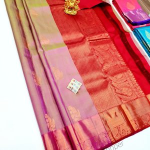 New Design Pure Kanjivaram Fancy Silk Saree Double Shade (Green, Pink) Color w/ Blouse
