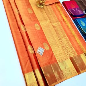 Trendy Design Pure Kanjivaram Fancy Silk Saree Fanta Orange Color w/ Blouse