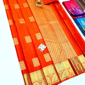 Trendy Pure Kanjivaram Fancy Silk Saree Orange Color w/ Blouse