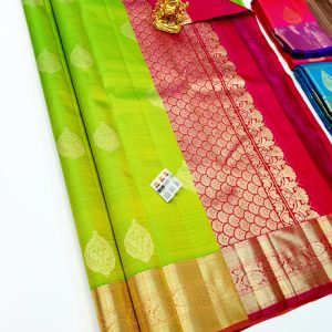 New Design Pure Kanjivaram Fancy Silk Saree Parrot Green w/ Pink Color