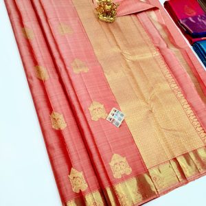 New Trendy Design Pure Kanjivaram Fancy Silk Saree Peach Color w/ Blouse