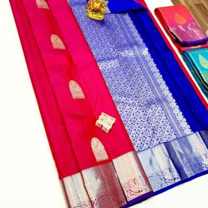 Pure Kanjivaram Fancy Silk Saree Pink w/ Ink Blue Color w/ Blouse
