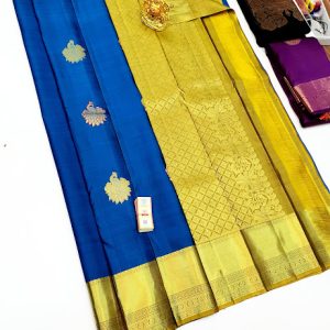 Beautiful Design Pure Kanjivaram Fancy Silk Saree Blue Color w/ Blouse
