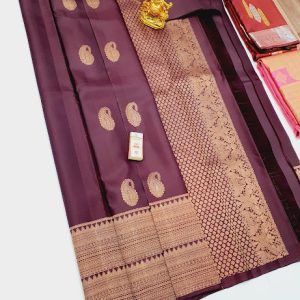 Pure Kanjivaram Fancy Silk Saree Brown Color w/ Blouse