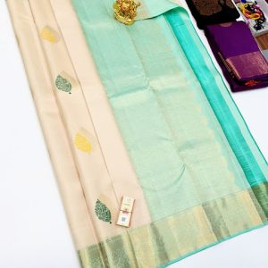 Trendy New Design Pure Kanjivaram Fancy Silk Saree Off White Color w/ Blouse