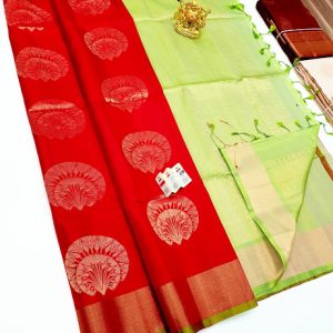 Latest Design Pure Soft Silks Saree Chilli Red w/ Light Green Color with Blouse