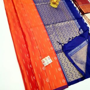 Trendy Beautiful Design Pure Soft Silks Saree Fanta Orange w/ Ink Blue Color with Blouse
