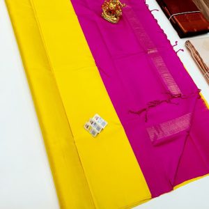 Simple Pure Soft Silks Saree Lemon Yellow w/ Pink Color with Blouse
