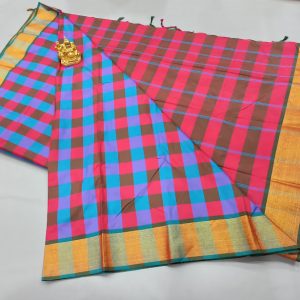 Big Checks Semi Soft Silk Saree Light Weight Blue and Rose Color