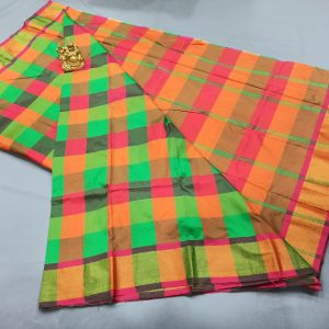 Big Checks Semi Soft Silk Saree Light Weight Green and Rose Color