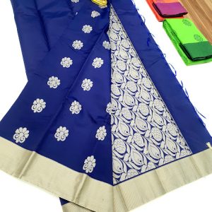 Flower Design Butta Mphoss Saree Ink Blue Color w/ Blouse