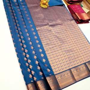 High Fancy Kanjivaram Silk Saree Mix Copper Blue Color