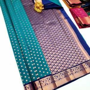 High Fancy Kanjivaram Silk Saree Mix Copper Ramar Blue Color