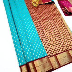 Trendy Mango Design High Fancy Kanjivaram Silk Saree Mix Sky Blue Color