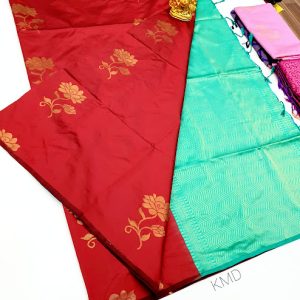 Rose Flower Design K.M.D Soft 75% Pure Silk Saree Apple Red Color w/ Blouse