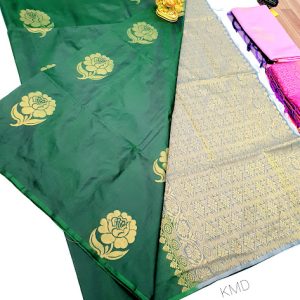 Rose Flower Design K.M.D Soft 75% Pure Silk Saree Green Color w/ Blouse