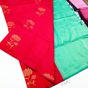 Rose Flower Design K.M.D Soft 75% Pure Silk Saree Red Color w/ Blouse