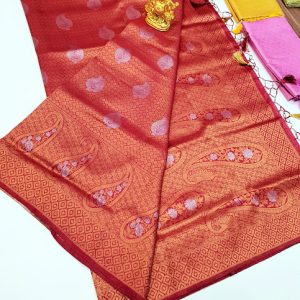 Kanjivaram Semi Silk Saree Apple Red Color w/ Blouse