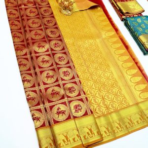 Horse and Elephant Design Kanjivaram Semi Silk Saree Apple Red Color w/ Blouse