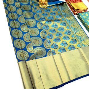 Trendy Design Kanjivaram Semi Silk Saree Blue Color w/ Blouse