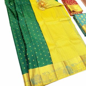 Beautiful Design Kanjivaram Semi Silk Saree Dark Green Color w/ Blouse