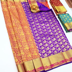 Kanjivaram Semi Silk Saree Fanta Orange Color w/ Blouse