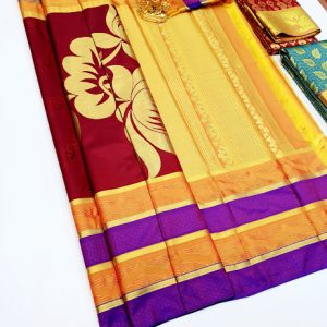 New Flower Design Kanjivaram Semi Silk Saree Kumkum Red Color w/ Blouse