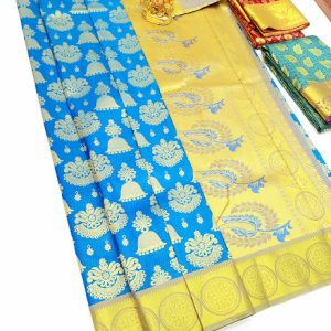 Jewellery Design Kanjivaram Semi Silk Saree Sky Blue Color w/ Blouse