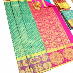 Latest Design Kanjivaram Semi Silk Saree Pista Green Color w/ Blouse