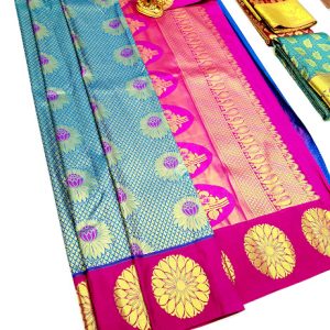 Kanjivaram Semi Silk Saree Sky Blue Color w/ Blouse