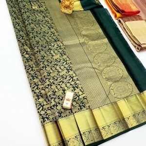 Animals Design Kanjivaram Pure Wedding Silk Saree Bottle Green Color w/ Blouse