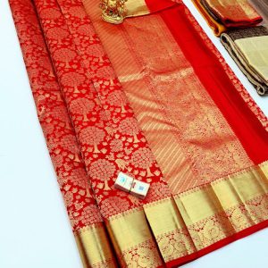 Dear and Tree Design Kanjivaram Pure Wedding Silk Saree Chilli Red Color w/ Blouse