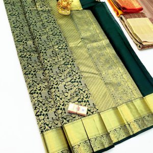 Parrot Cage Design Kanjivaram Pure Wedding Silk Saree Dark Green Color w/ Blouse
