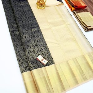 Trendy Leaf Design Kanjivaram Pure Wedding Silk Saree Indigo Blue Color w/ Blouse