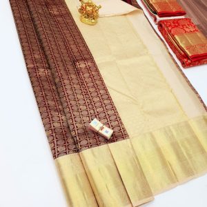 Annam Design Kanjivaram Pure Wedding Silk Saree Violet, Kumkum Red, Dark Blue Color w/ Blouse