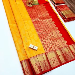 Double Color Boarder Design Kanjivaram Pure Wedding Silk Saree White, Mango Yellow Color