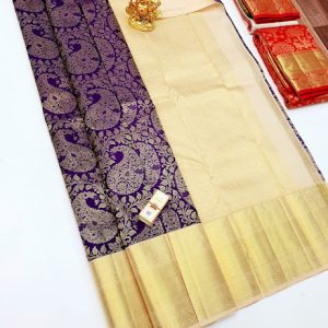 Trendy Mango Design Kanjivaram Pure Wedding Silk Saree Purple Color w/ Blouse