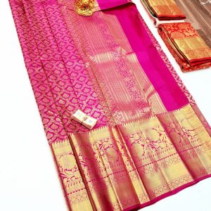 Trendy Flower Design Kanjivaram Pure Wedding Silk Saree Rose Color w/ Blouse