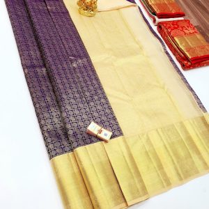 Annam Design Kanjivaram Pure Wedding Silk Saree Violet, Kumkum Red, Dark Blue Color w/ Blouse