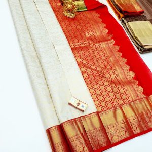 Double Color Boarder Design Kanjivaram Pure Wedding Silk Saree White, Mango Yellow Color