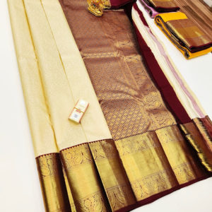 Kanjivaram Pure Wedding Silk Saree Cream White Color w/ Blouse