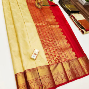 Latest Kanjivaram Pure Wedding Silk Saree Off White Color w/ Blouse