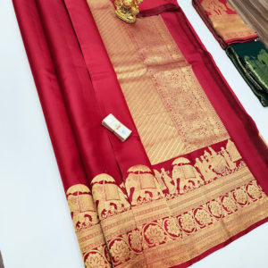 New Elephant Design Pure Kanjivaram Fancy Silk Saree Apple Red Color w/ Blouse