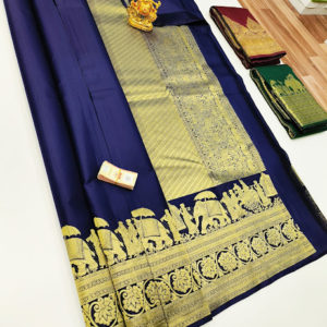 Elephant Design Pure Kanjivaram Fancy Silk Saree Blue Color w/ Blouse