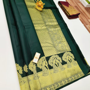 Peacock and Tree Design Pure Kanjivaram Fancy Silk Saree Bottle Green Color w/ Blouse