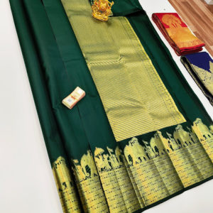 Pure Kanjivaram Fancy Silk Saree Dark Green Color w/ Blouse