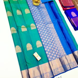 Pure Kanjivaram Fancy Silk Saree Double Shade (Blue, Yellow) Color w/  Blouse