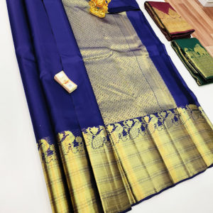 Trendy Peacock Design Pure Kanjivaram Fancy Silk Saree Indigo Blue Color w/ Blouse