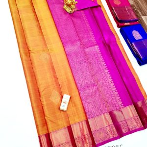 Diamond and Annam Design Pure Kanjivaram Fancy Silk Saree Yellow w/ Pink Color